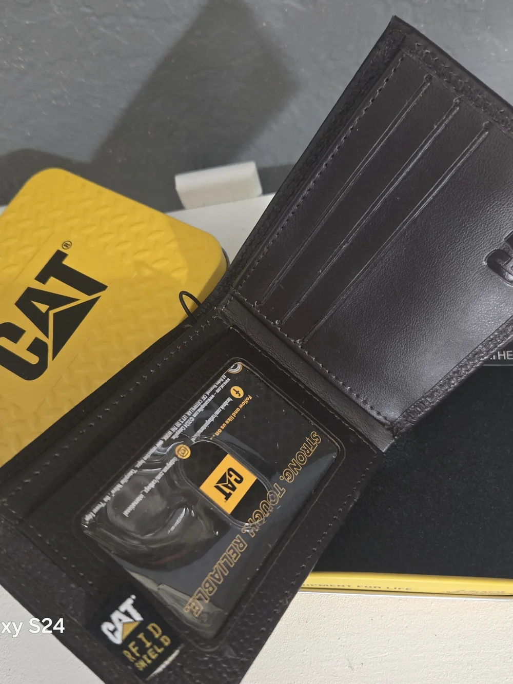 Caterpillar Black and Yellow Genuine Leather Money Clip Wallet